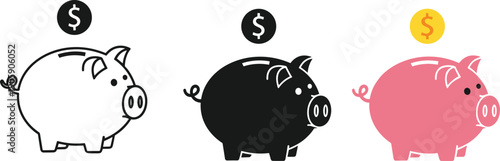 Piggy Bank Icons Set with Dollar Coins Isolated on White Background for Financial Savings Investment Budget Planning Money Wealth Growth Personal Finance and Banking Concepts