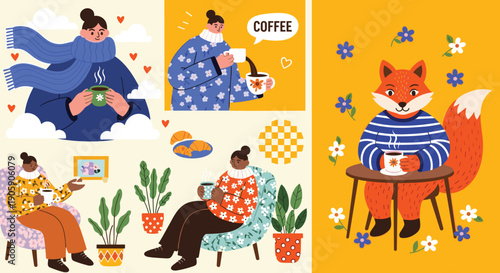 Cozy Coffee Moments: A Collection of Illustrated Scenes Featuring Individuals and a Fox Enjoying Warm Drinks in Comforting Settings, Perfect for Lifestyle and Seasonal Content