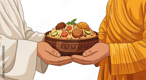 Two individuals exchanging a traditional dish in a decorative bowl