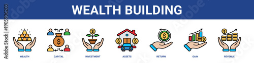 Wealth Building web banner icon set collection solid style.