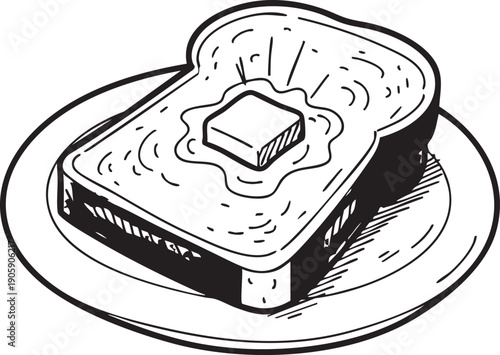 Vector illustration of toasted bread with butter on a plate, isolated on transparent background
