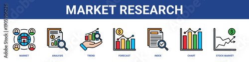 Market Research web banner icon set collection solid style.