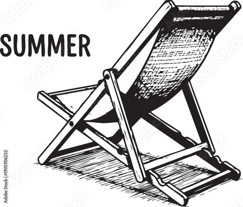 Black and white illustration of a folding beach chair isolated on transparent background.