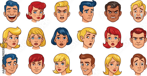 Cartoon Faces Expressing Diverse Emotions: A Collection of Expressive Characters for Animation, Design, and Educational Purposes (Comic Style, Emotional Variety)
