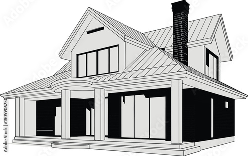 Monochrome architectural rendering of modern craftsman house with pitched roof, porch columns, large windows, chimney, dormer, front elevation, detailed linework