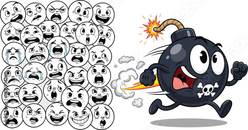 Cartoon Bomb Character Running Away from Terrified Emotions, Comic Illustration of Panic and Urgency, Expressive Faces in Fear, Animated Danger Concept