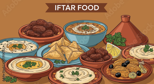 Assorted traditional dishes and delicacies for iftar meal on table