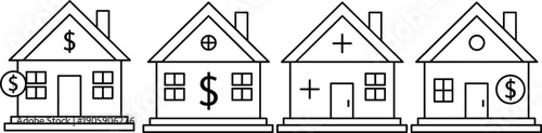Minimalist Real Estate House Icon Set Featuring Dollar Sign Plus Symbol and Circle Elements for Property Investment Mortgage Loans Home Buying and Financial Services