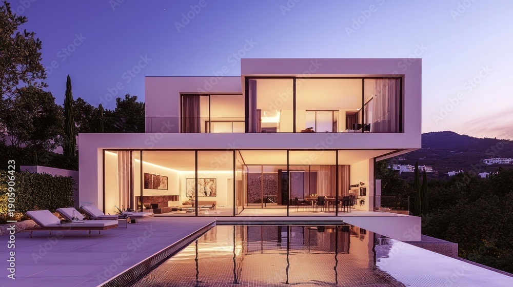 Fototapeta premium Modern house with pool exterior evening