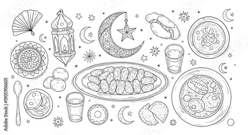 A festive collection of traditional elements and dishes for a cultural celebration, outlined in a detailed illustration.