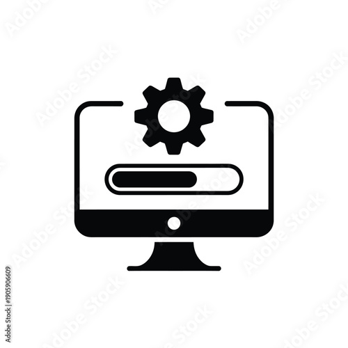 Computer screen displaying a loading icon with a gear symbol