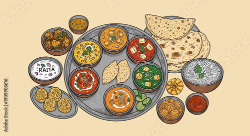 Traditional Indian cuisine delicacies arranged on a platter with various dishes and accompaniments, viewed from directly above