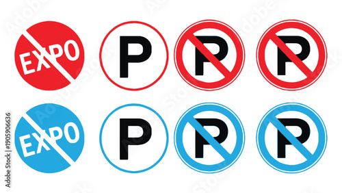 Expo sign vector icons with no parking symbols in red and blue
