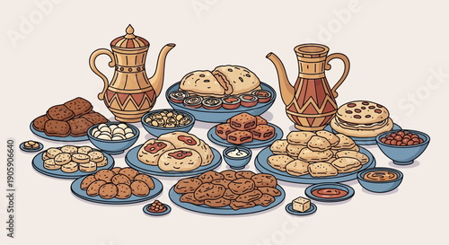 Traditional Middle Eastern feast with tea, pastries, and delicacies on decorative plates, viewed from directly above, showcasing cultural heritage