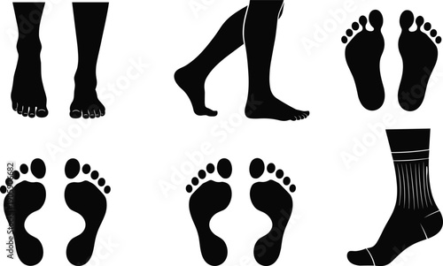Black silhouette icons of human feet and footprints including barefoot standing walking side view sole print and a foot wearing a cotton sock