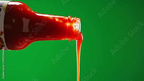 Red hot sauce slowly dripping from bottle on green screen slow motion