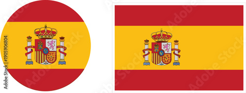 Spain Flag Icons Set Featuring Round Glossy Badge and Rectangular National Symbol with Coat of Arms Isolated on White Background for Spanish Identity Travel and Education