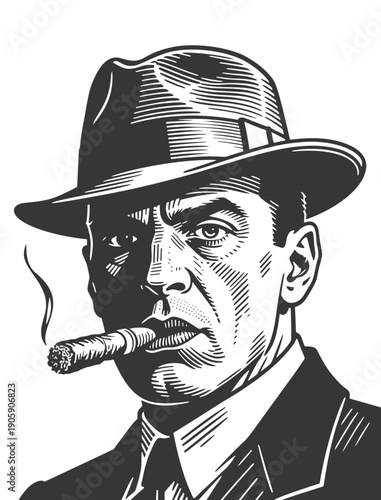Close-Up Portrait of Serious Man in Fedora Smoking Cigar in Vintage Noir Style