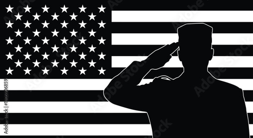 Silhouette of a Soldier Saluting Against a Black and White United States Flag Background Representing Military Service Patriotism Veterans Day Memorial Day and American Sacrifice