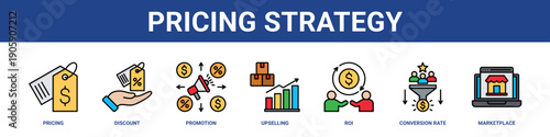 Pricing Strategy web banner icon set collection solid style.