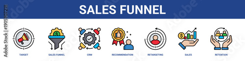Sales Funnel web banner icon set collection solid style.
