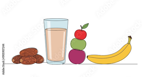 A glass of milk accompanied by almonds and fresh fruits including an apple, plum, and banana on a plain surface