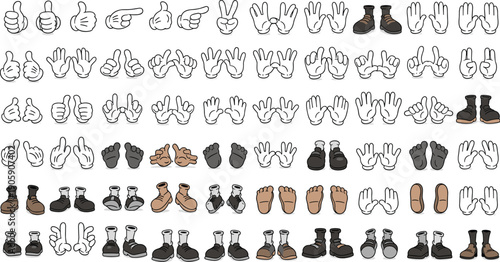 Cartoon Style Hands, Feet, and Shoe Illustration for Expressive Character Design: A Versatile Collection for Animation, Emoticons, Comics and Whimsical Graphic Projects