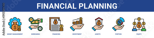 Financial Planning web banner icon set collection solid style.
