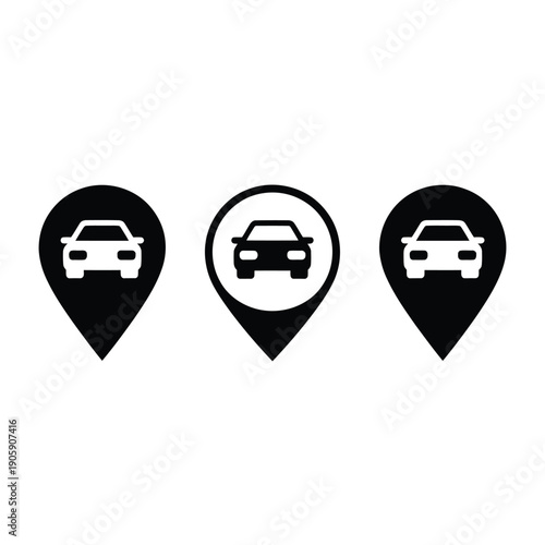 Three black location pins each displaying a different car silhouette