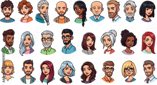 Diverse Cartoon Faces: A Collection of Friendly Avatars for Business and Social Media [This vector image showcases a range of expressive characters, perfect for presentations and branding]