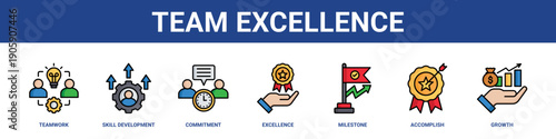Team Excellence web banner icon set collection solid style.