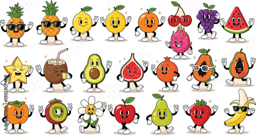 Retro Cartoon Fruits with Funky Faces and Attitudes: A Whimsical Vector Illustration for Summer, Healthy Eating, and Playful Design Projects
