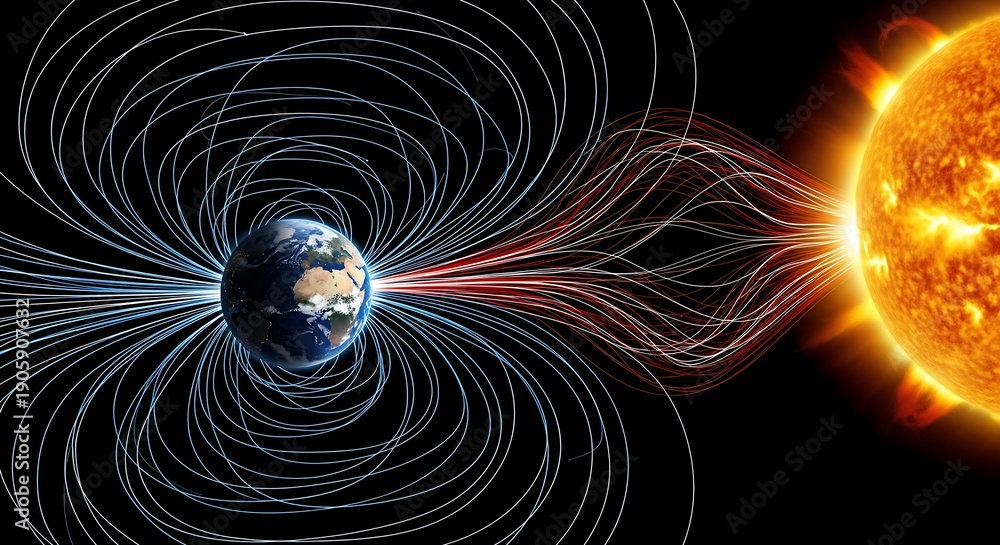Fototapeta premium Vibrant digital rendering of Earth’s magnetosphere being compressed by solar radiation against a dark, starless celestial background.