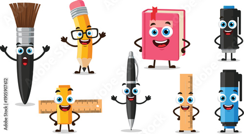 Fun Cartoon Stationery Characters - Cheerful School Supplies Mascot Illustration for Kids' Designs, Education Materials, and Creative Projects, Featuring Pens, Pencils, and More