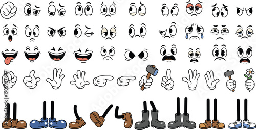 Expressive Cartoon Character Parts Set: Vintage Animation Elements for Creative Design, Funny Face Emotions, Classic Hands and Feet, Perfect for Nostalgic Illustrations