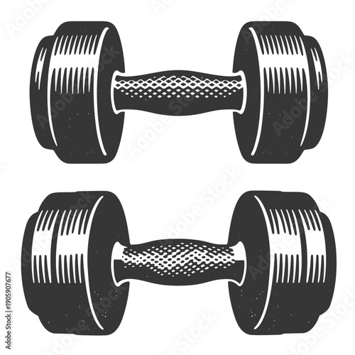Vintage black and white vector illustration of a pair of classic metal dumbbells on white background