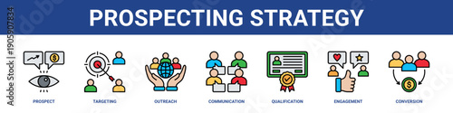 Prospecting Strategy web banner icon set collection solid style.
