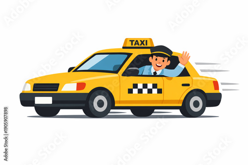 Flat Vector Illustration of Taxi Driver Waving from Car Window with Motion Hint