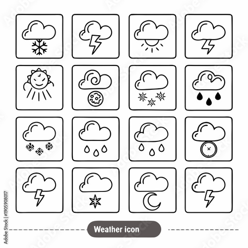 A collection of 16 weather icons in a grid Vector