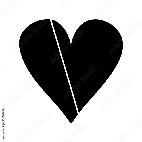 A bold stylized heart divided by a straight white line representing fractured love