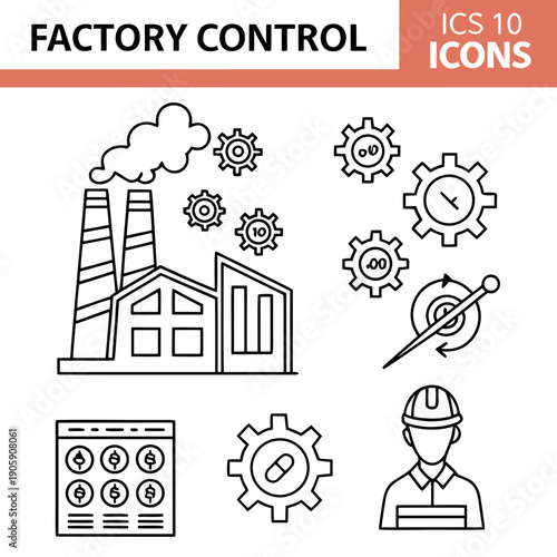 Factory control icons for industrial management and automation Vector