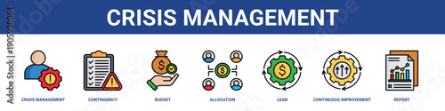Crisis Management web banner icon set collection solid style.