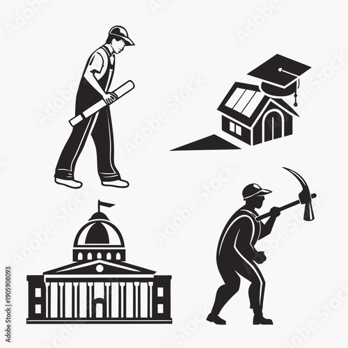 Various professions and buildings icons Vector