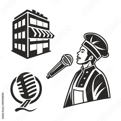 A chef speaks into a microphone next to a restaurant Vector