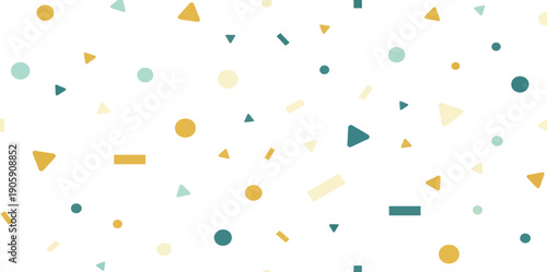 Colorful geometric shapes scattered on a clean white background