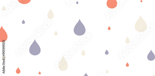 Colorful raindrops falling on white background in various sizes and shapes