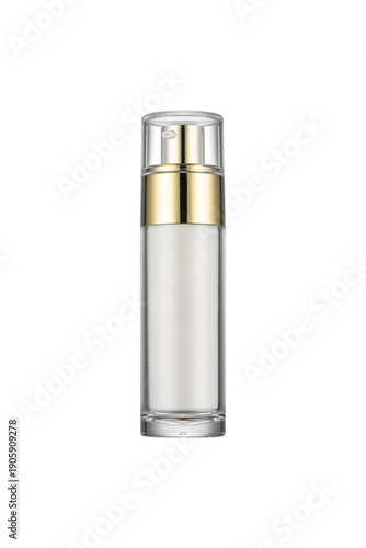 Cosmetic plastic bottle isolated on white background. Liquid container for lotion, cream. Beauty product package. Mock up cosmetics