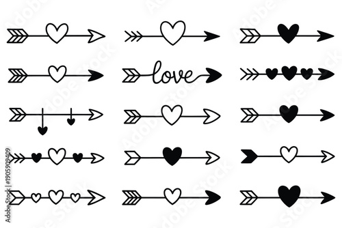 Arrow and heart designs, vector illustrations featuring love, romance, direction, and affection symbols for greeting cards, wedding invitations, social media, and digital design projects.