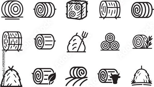  Bale of hay outline vector icon set showing agriculture hay bales and dried haystacks, clean EPS icons.