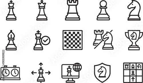 Chess outline icon set with classic pieces for web design, clean vector EPS icons isolated on white.